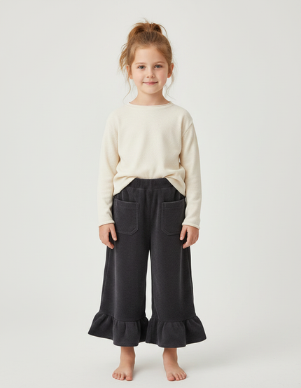 Pantalon Velours Côtelé Ample Volants Fille - Gris Cordé