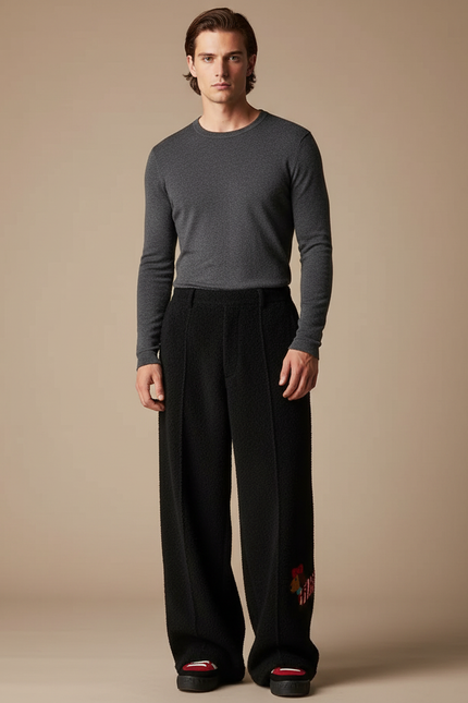 Pantalon Velours Noir Ample Imprimé Décontracté Homme