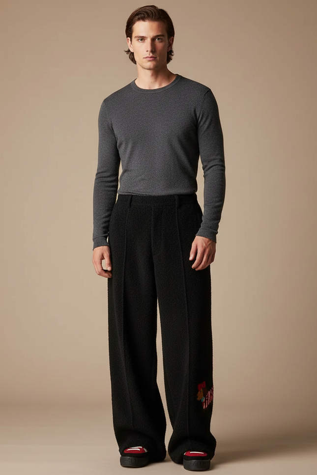 Pantalon Velours Noir Ample Imprimé Décontracté Homme