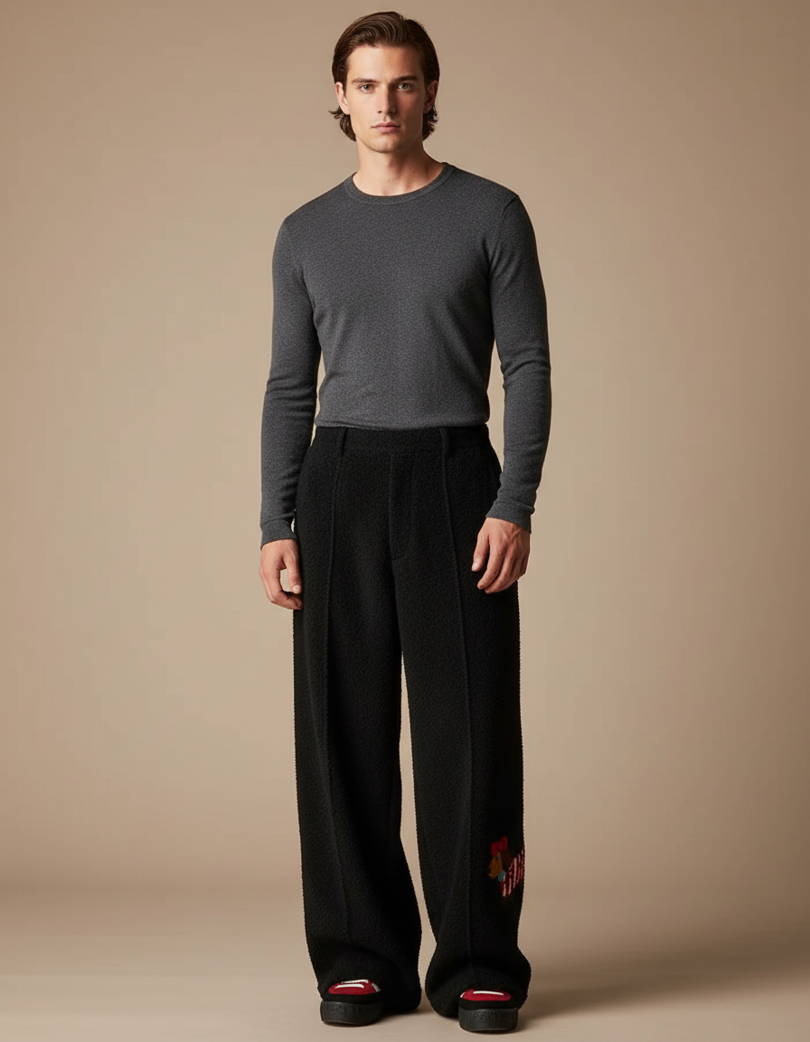 Pantalon Velours Noir Ample Imprimé Décontracté Homme
