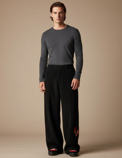 Pantalon Velours Noir Ample Imprimé Décontracté Homme