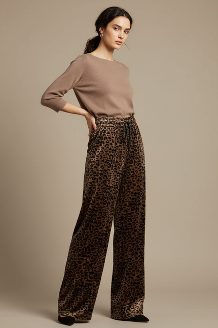 Pantalon Velours Léopard Ample Taille Haute Femme - Imprimé