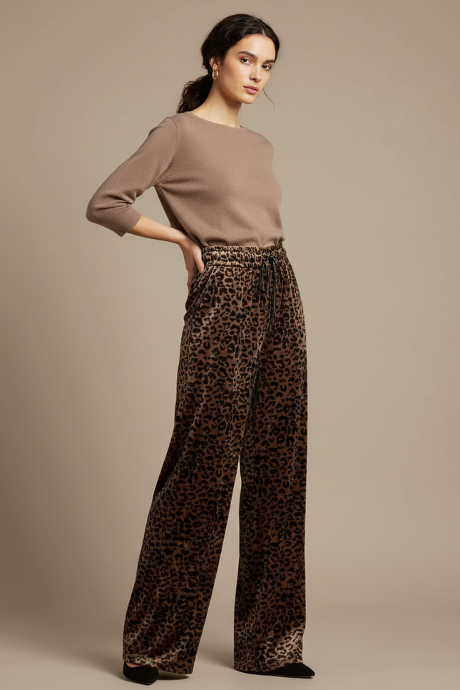 Pantalon Velours Léopard Ample Taille Haute Femme - Imprimé