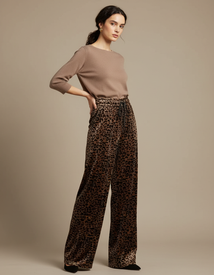 Pantalon Velours Léopard Ample Taille Haute Femme - Imprimé