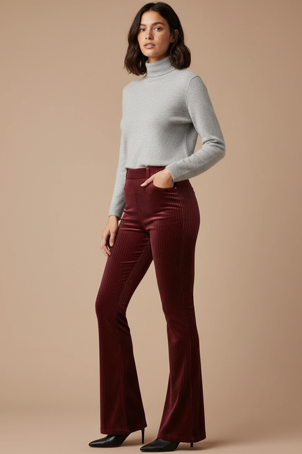 Pantalon Velours Côtelé Bordeaux Évasé Taille Haute Femme - Cordé