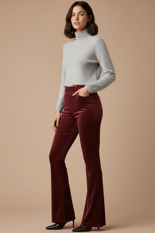 Pantalon Velours Côtelé Bordeaux Évasé Taille Haute Femme - Cordé