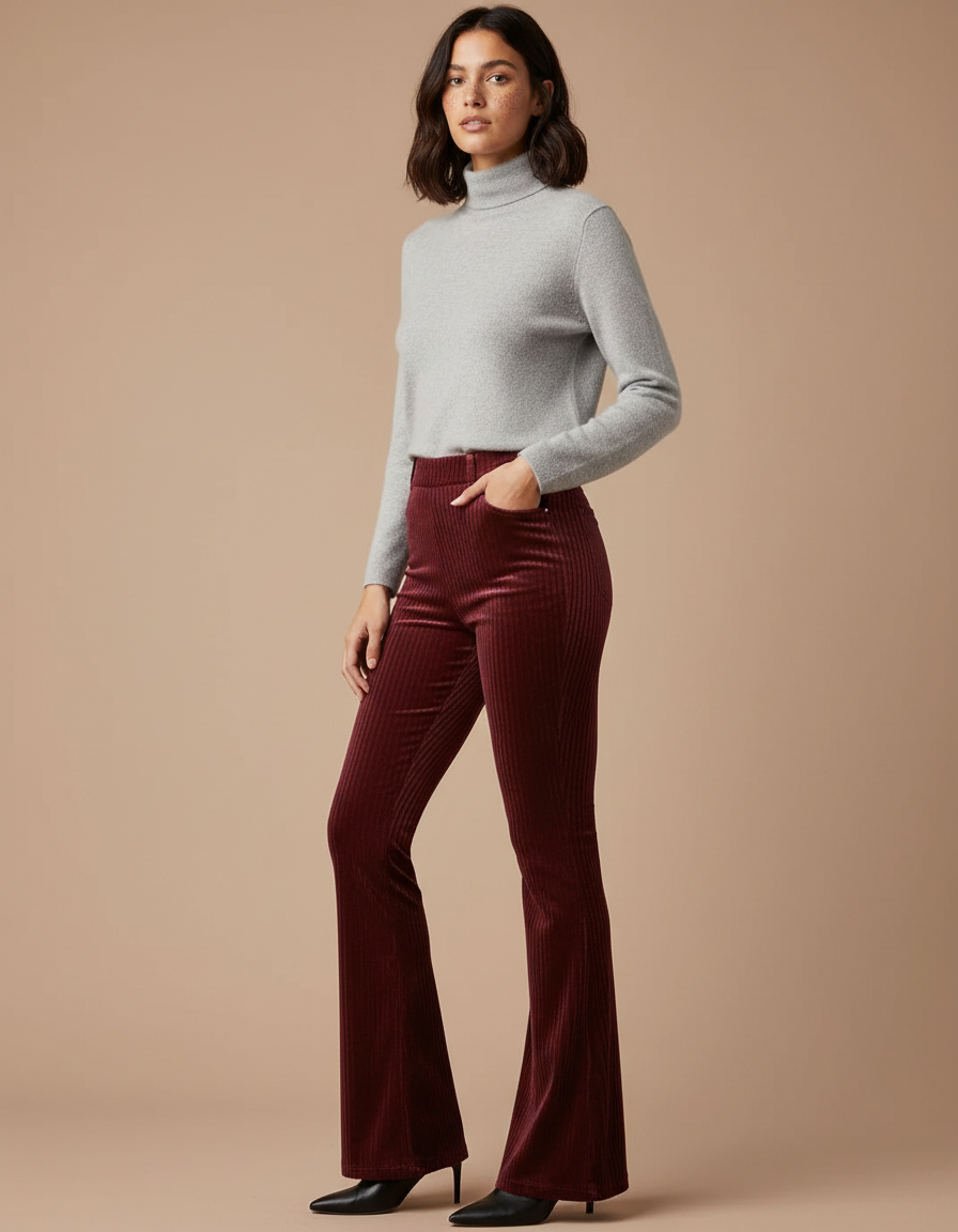 Pantalon Velours Côtelé Bordeaux Évasé Taille Haute Femme - Cordé