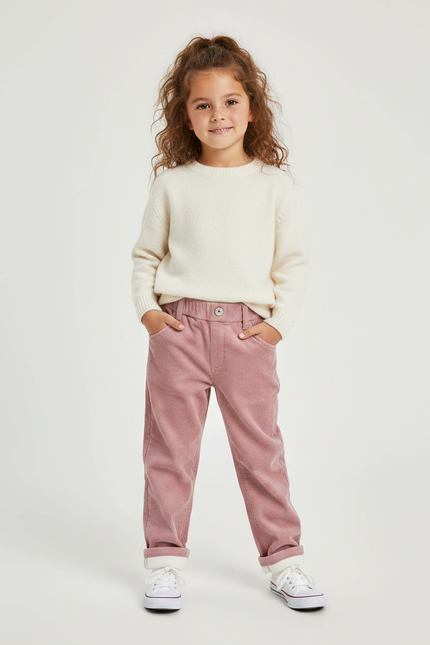 Pantalon Velours Rose Côtelé Ample Élastique Enfant - Cordé