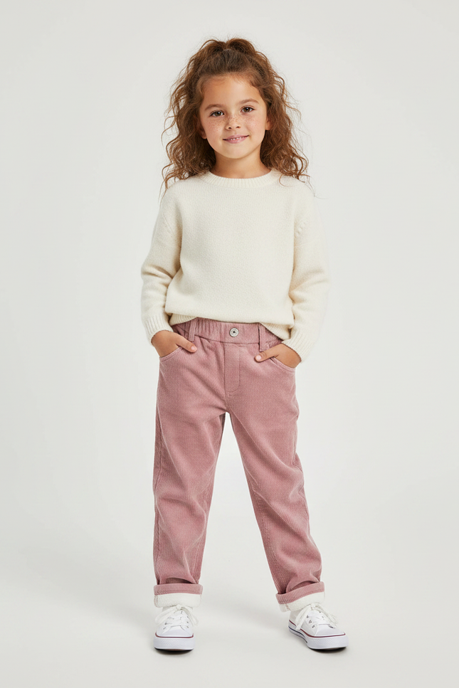 Pantalon Velours Rose Côtelé Ample Élastique Enfant - Cordé