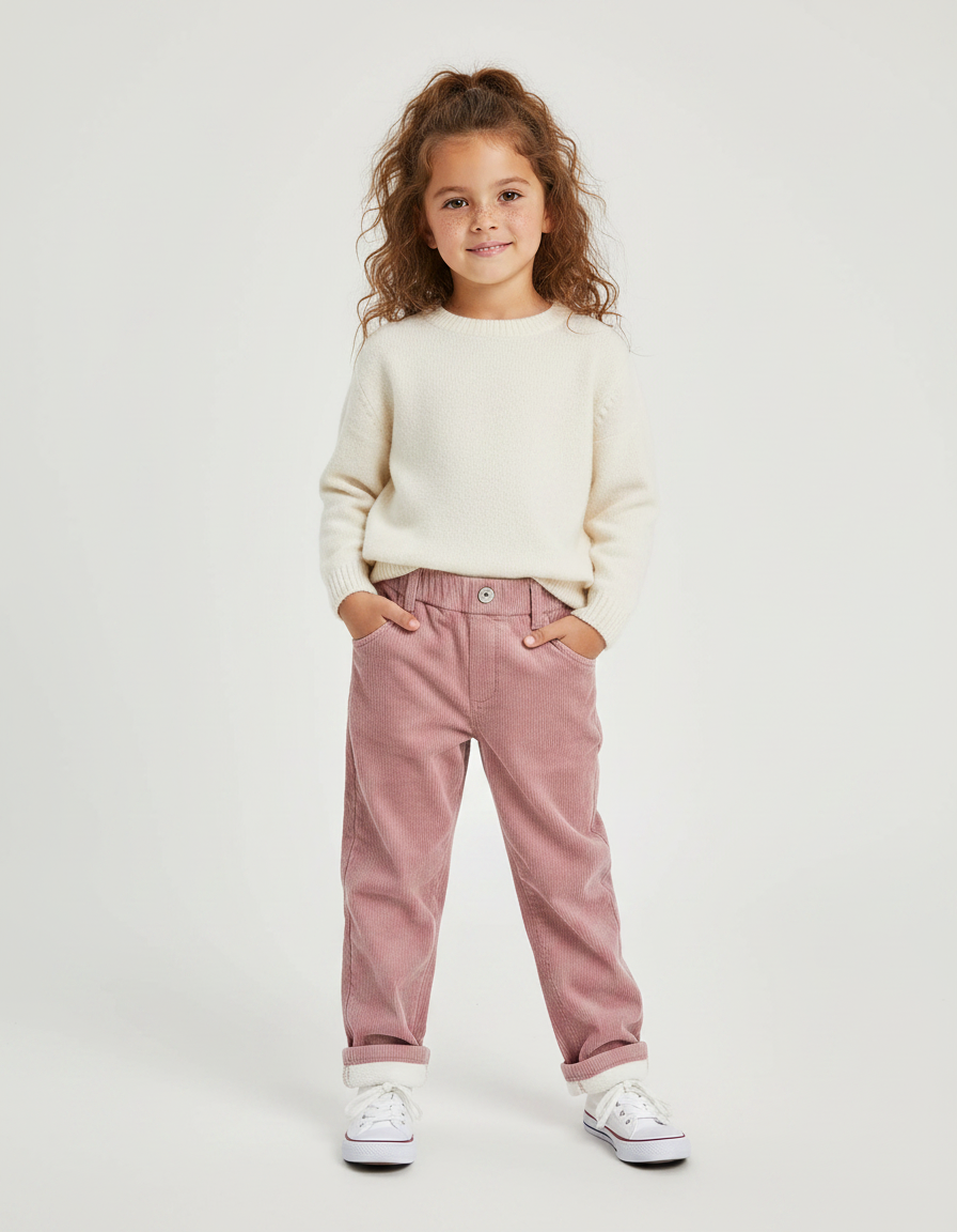 Pantalon Velours Rose Côtelé Ample Élastique Enfant - Cordé