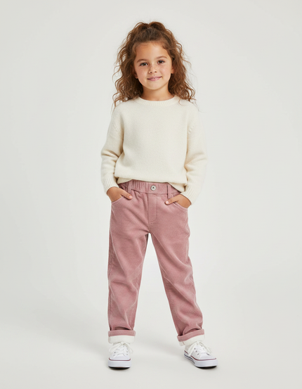 Pantalon Velours Rose Côtelé Ample Élastique Enfant - Cordé