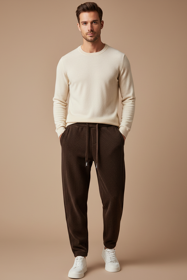 Pantalon Velours Marron Côtelé Coupe Droite Ample - Cordé