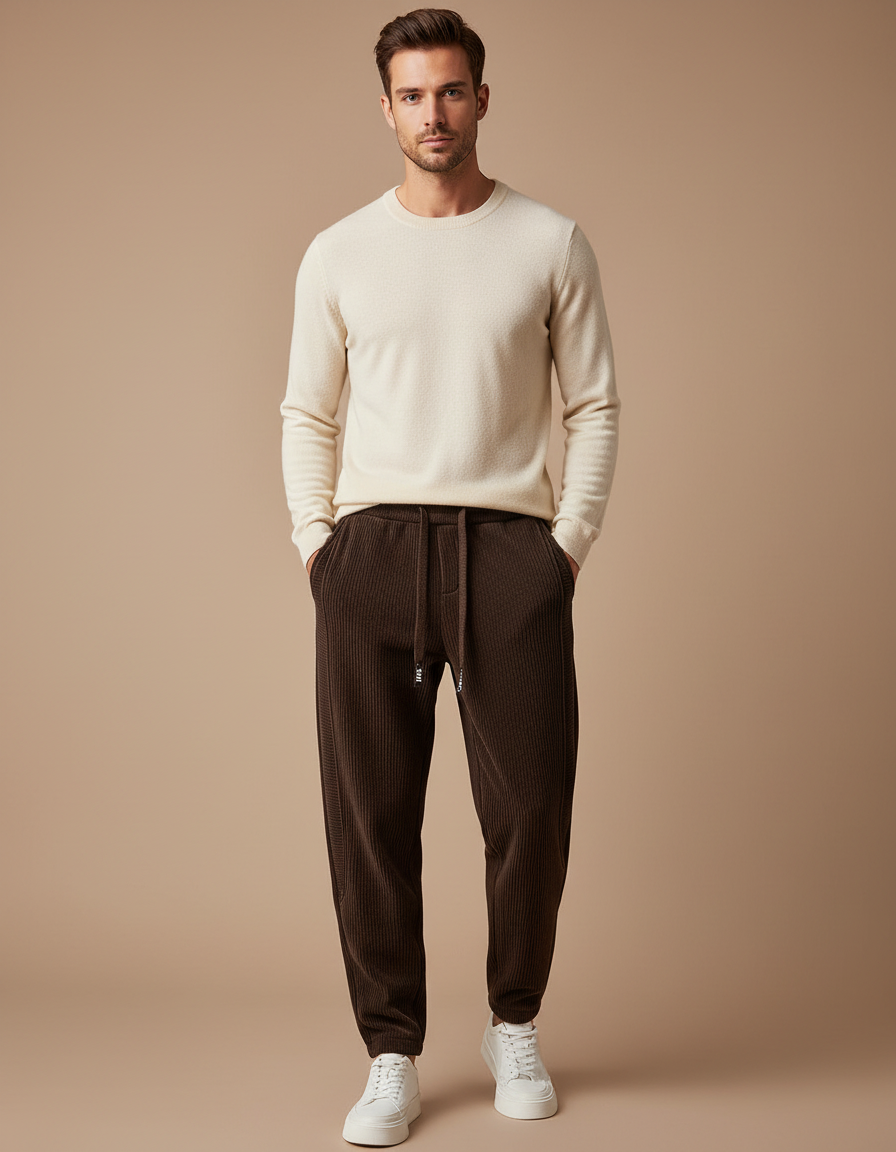 Pantalon Velours Marron Côtelé Coupe Droite Ample - Cordé