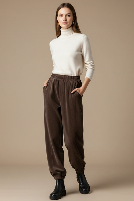 Pantalon Velours Marron Côtelé Ample Élastique Décontracté - Cordé