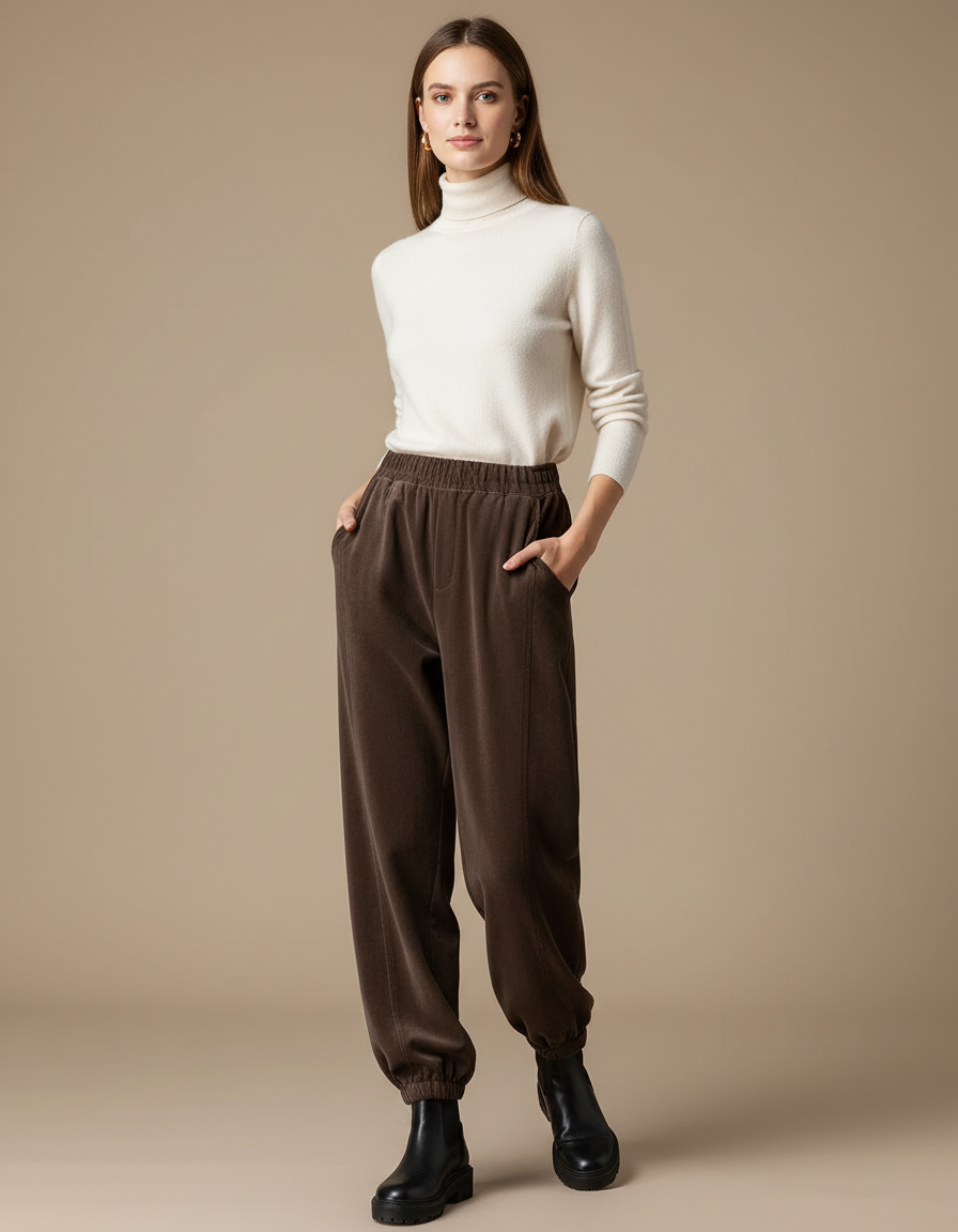 Pantalon Velours Marron Côtelé Ample Élastique Décontracté - Cordé