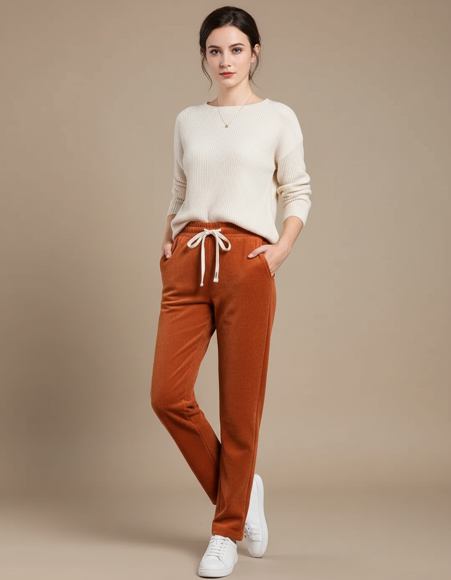Pantalon Velours Orange Côtelé Droit Élastique Femme - Cordé