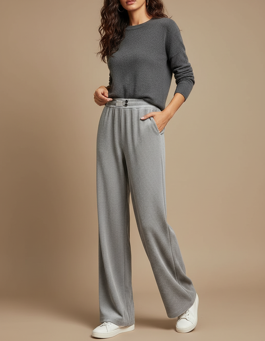 Pantalon Velours Gris Côtelé Ample Femme Doux - Cordé