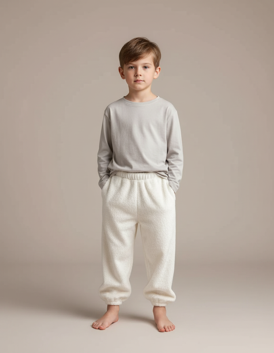 Pantalon Velours Enfant Beige Doux Ample Chaud - Molleton
