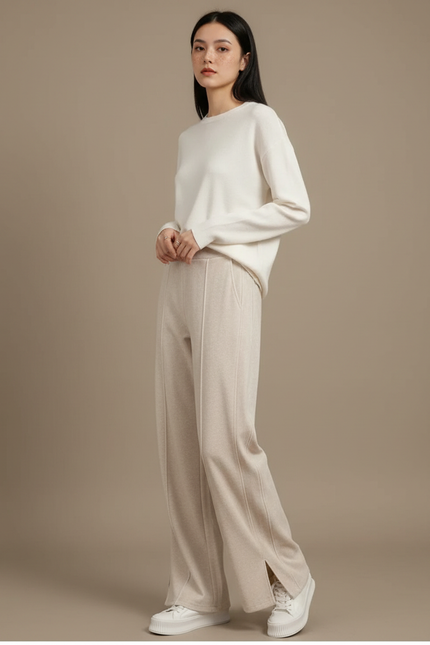 Pantalon Velours Beige Ample Fluide Décontracté Femme