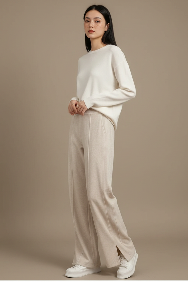 Pantalon Velours Beige Ample Fluide Décontracté Femme