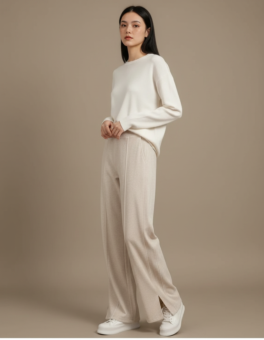 Pantalon Velours Beige Ample Fluide Décontracté Femme