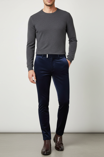 Pantalon Velours Bleu Marine Slim Élégant Homme