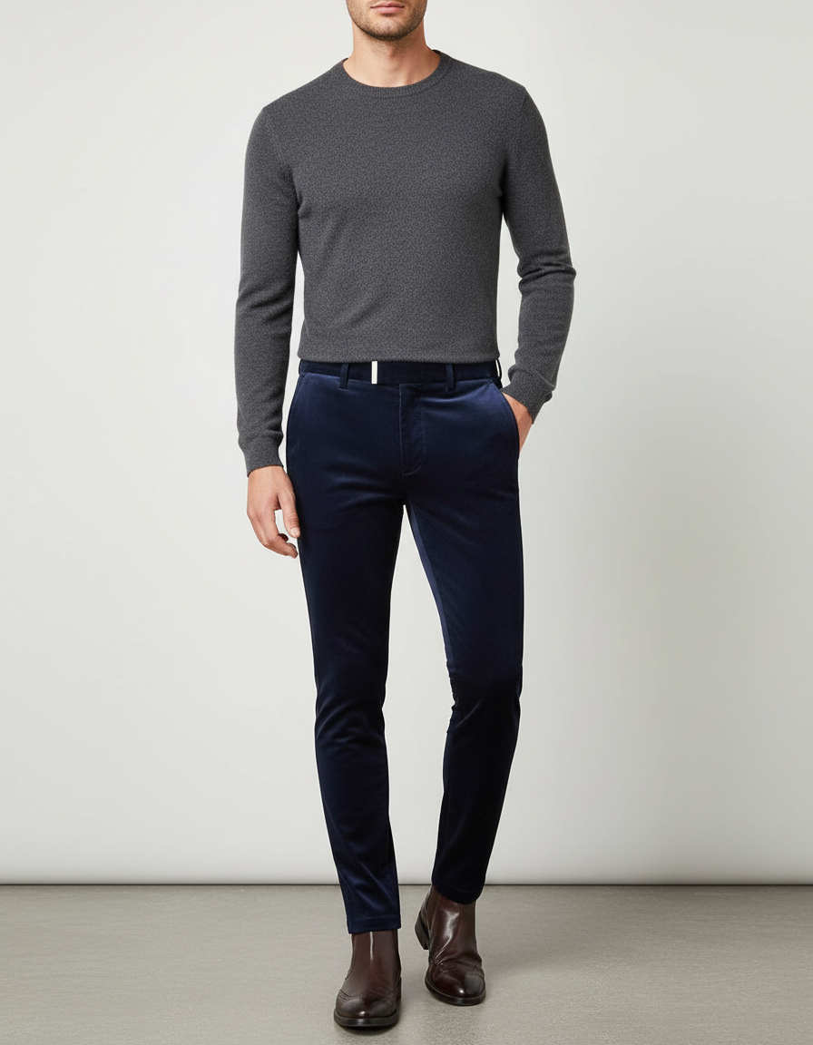 Pantalon Velours Bleu Marine Slim Élégant Homme
