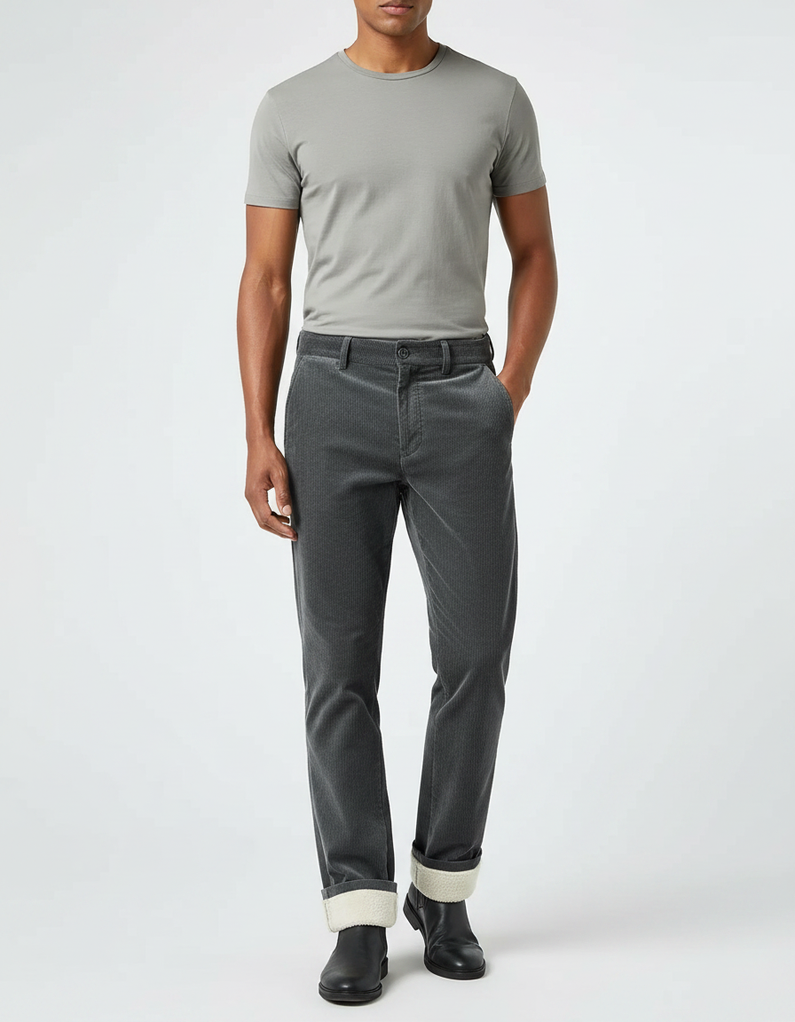 Pantalon Velours Côtelé Gris Décontracté Doublé Homme - Cordé