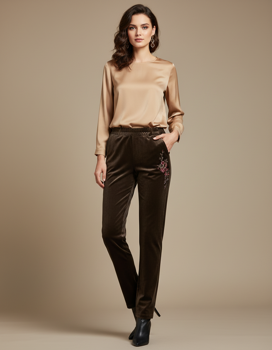 Pantalon Fuseau Velours Femme - Marron