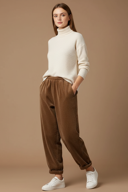 Pantalon Velours Marron Côtelé Ample Élastiqué Décontracté Femme - Cordé