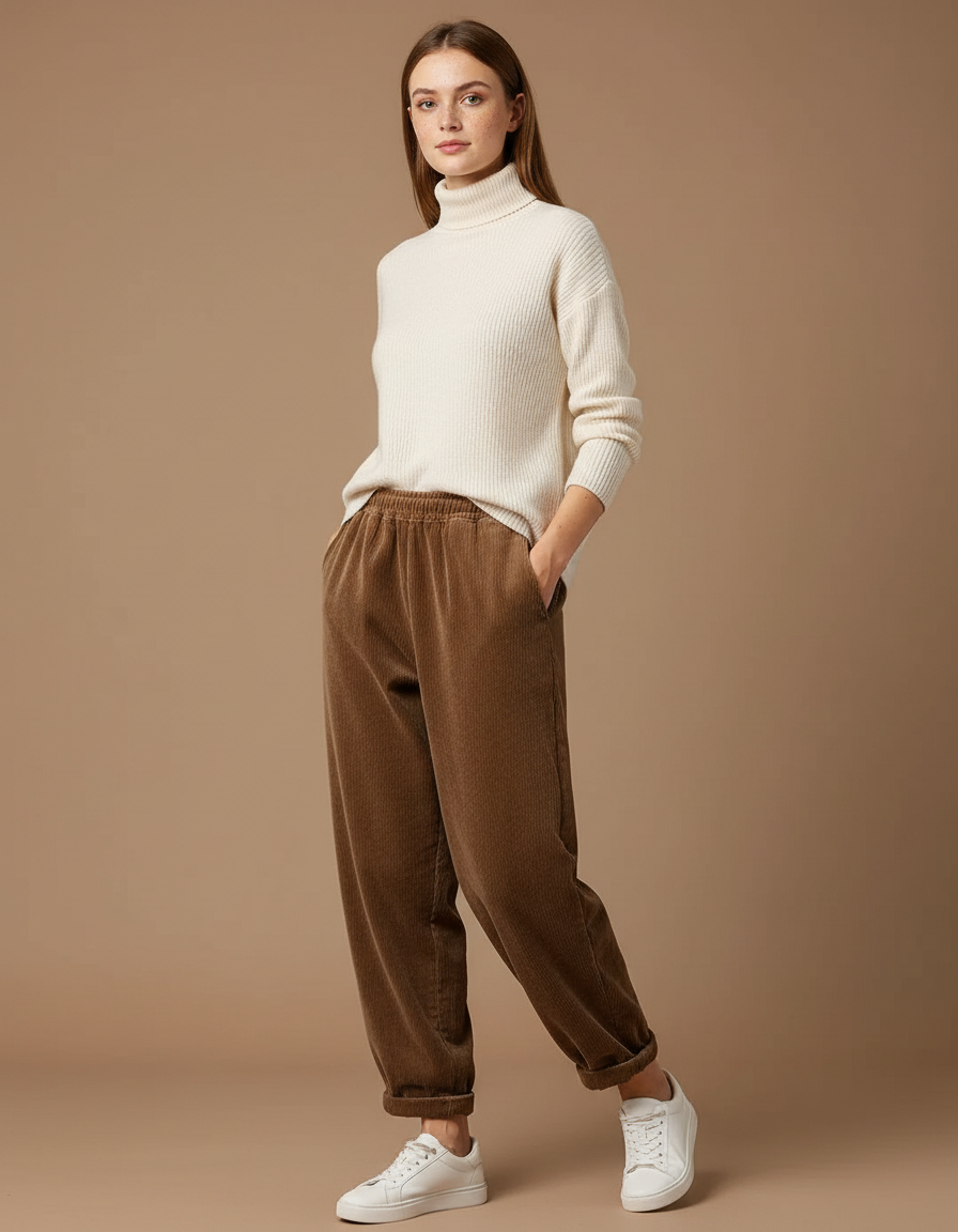 Pantalon Velours Marron Côtelé Ample Élastiqué Décontracté Femme - Cordé
