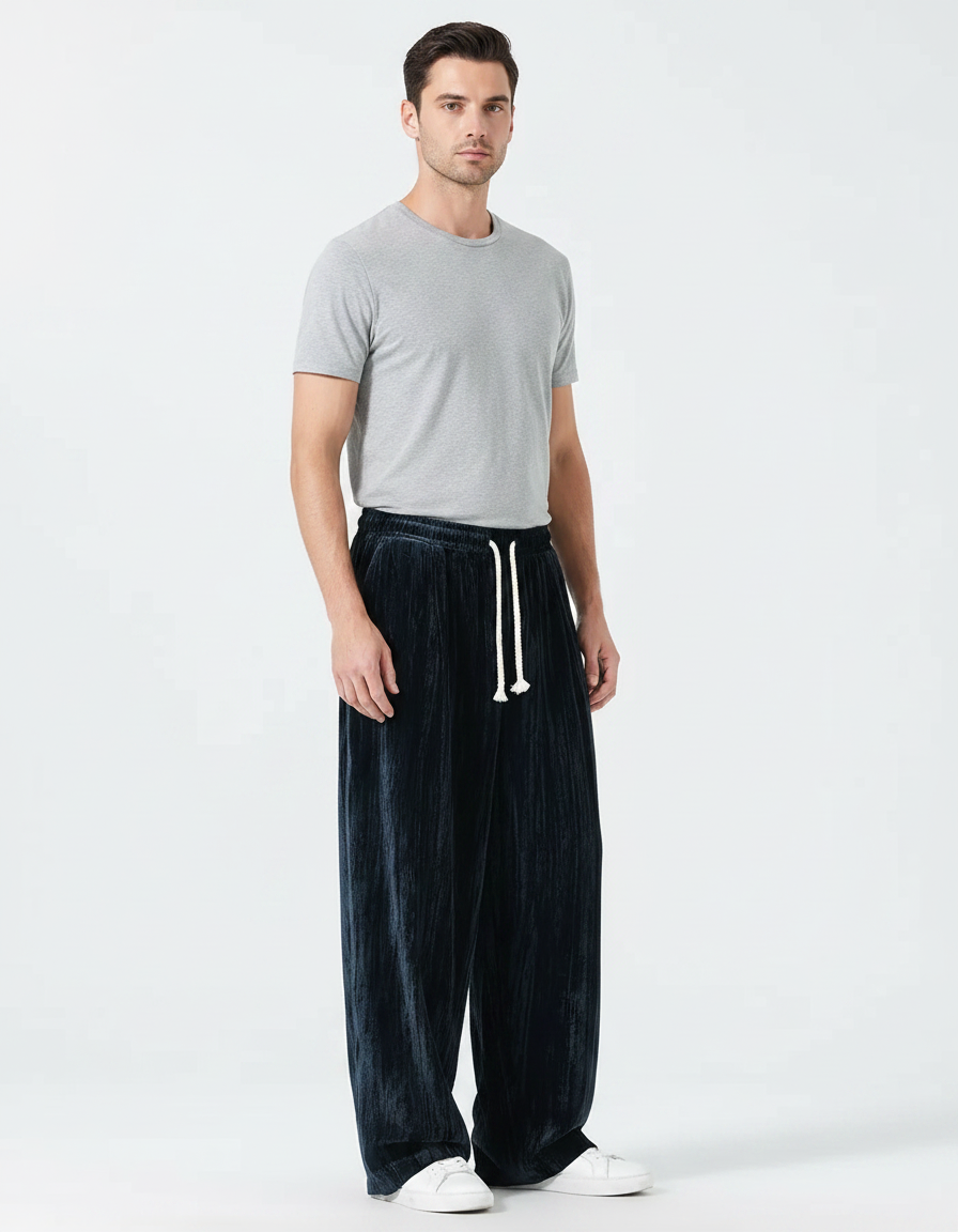 Pantalon Velour Homme Large - Marine Velours