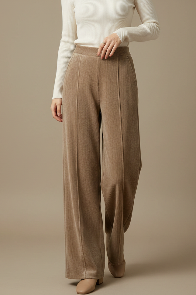 Pantalon Velours Beige Côtelé Ample Taille Haute - Cordé