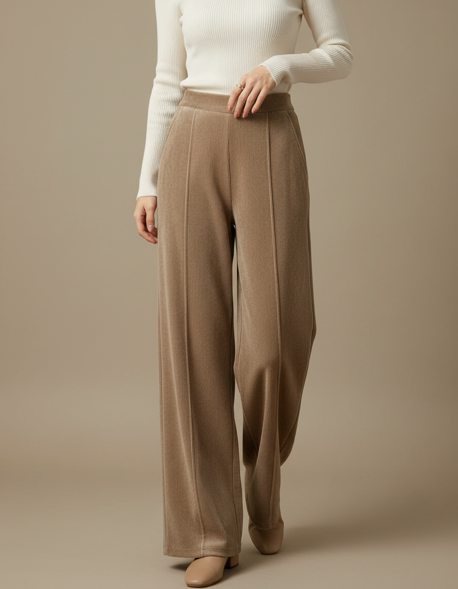 Pantalon Velours Beige Côtelé Ample Taille Haute - Cordé