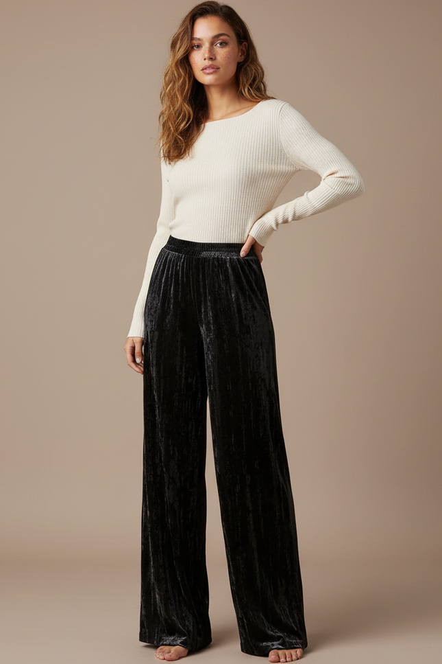 Pantalon Velours Noir Ample Drapé Femme