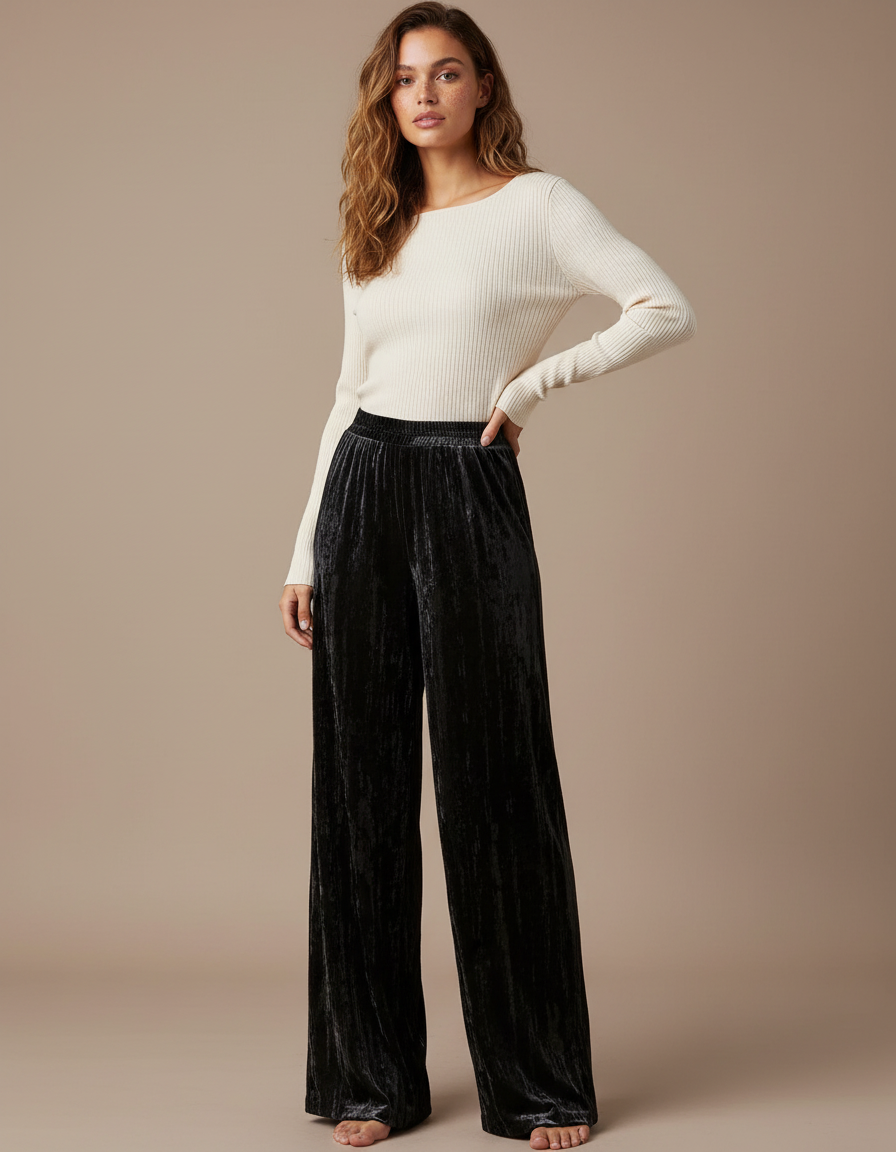 Pantalon Velours Noir Ample Drapé Femme