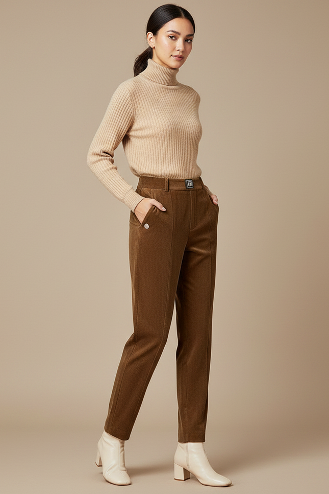 Pantalon Fuseau Velours Chasse - Marron Cordé