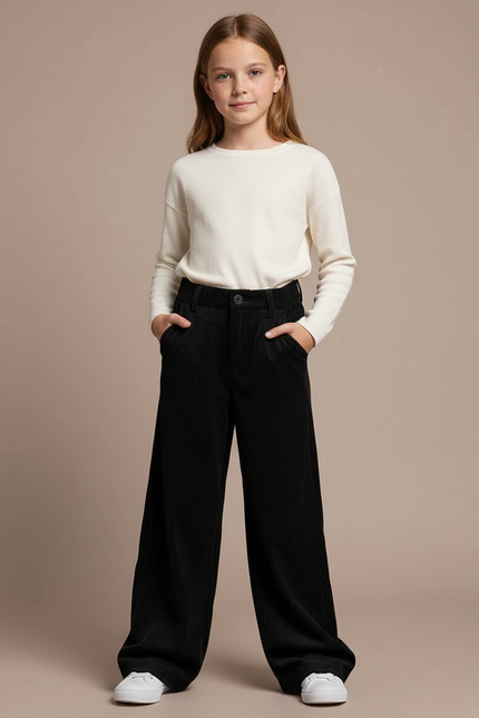 Pantalon Velours Noir Côtelé Ample Fille - Cordé