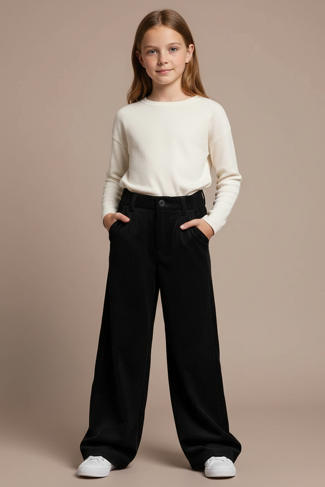 Pantalon Velours Noir Côtelé Ample Fille - Cordé