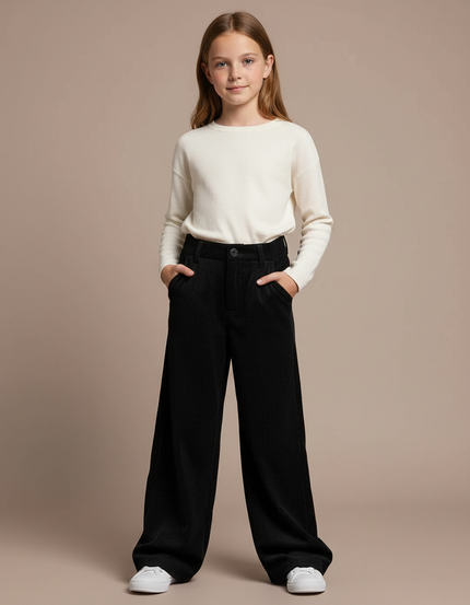 Pantalon Velours Noir Côtelé Ample Fille - Cordé