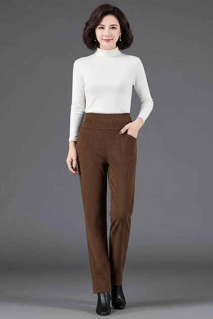 Pantalon Velours Marron Droit Taille Élastique Décontracté - Cordé