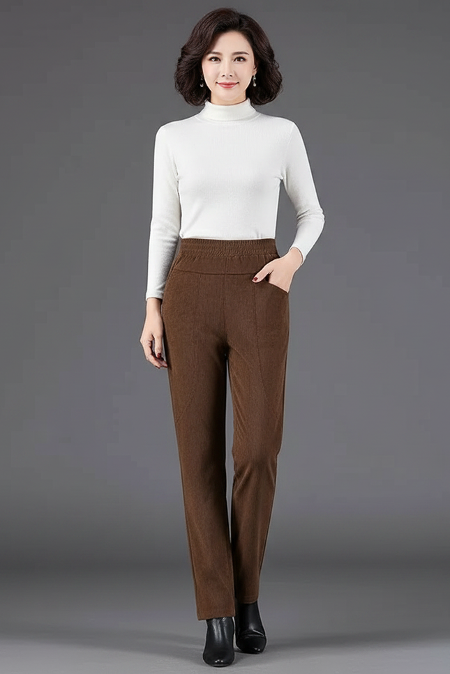 Pantalon Velours Marron Droit Taille Élastique Décontracté - Cordé