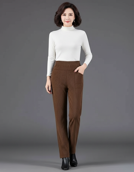 Pantalon Velours Marron Droit Taille Élastique Décontracté - Cordé