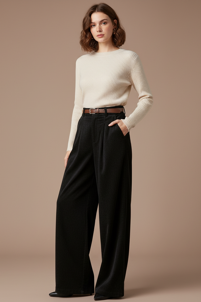 Pantalon Velours Noir Ample Taille Haute Élégant