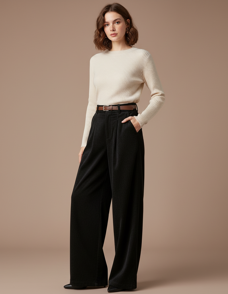 Pantalon Velours Noir Ample Taille Haute Élégant