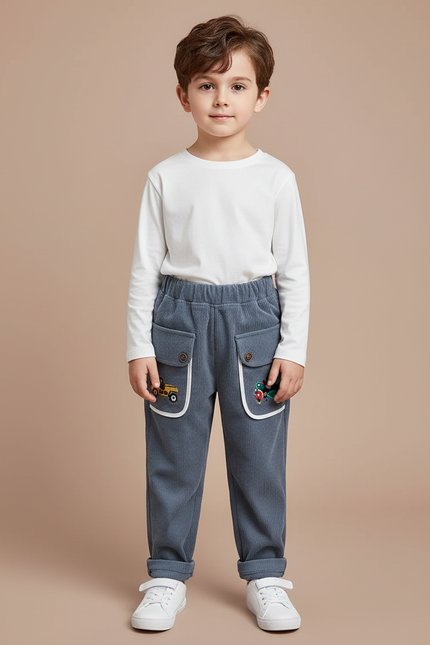 Pantalon Velours Côtelé Bleu Brodé Enfants Décontracté - Cordé