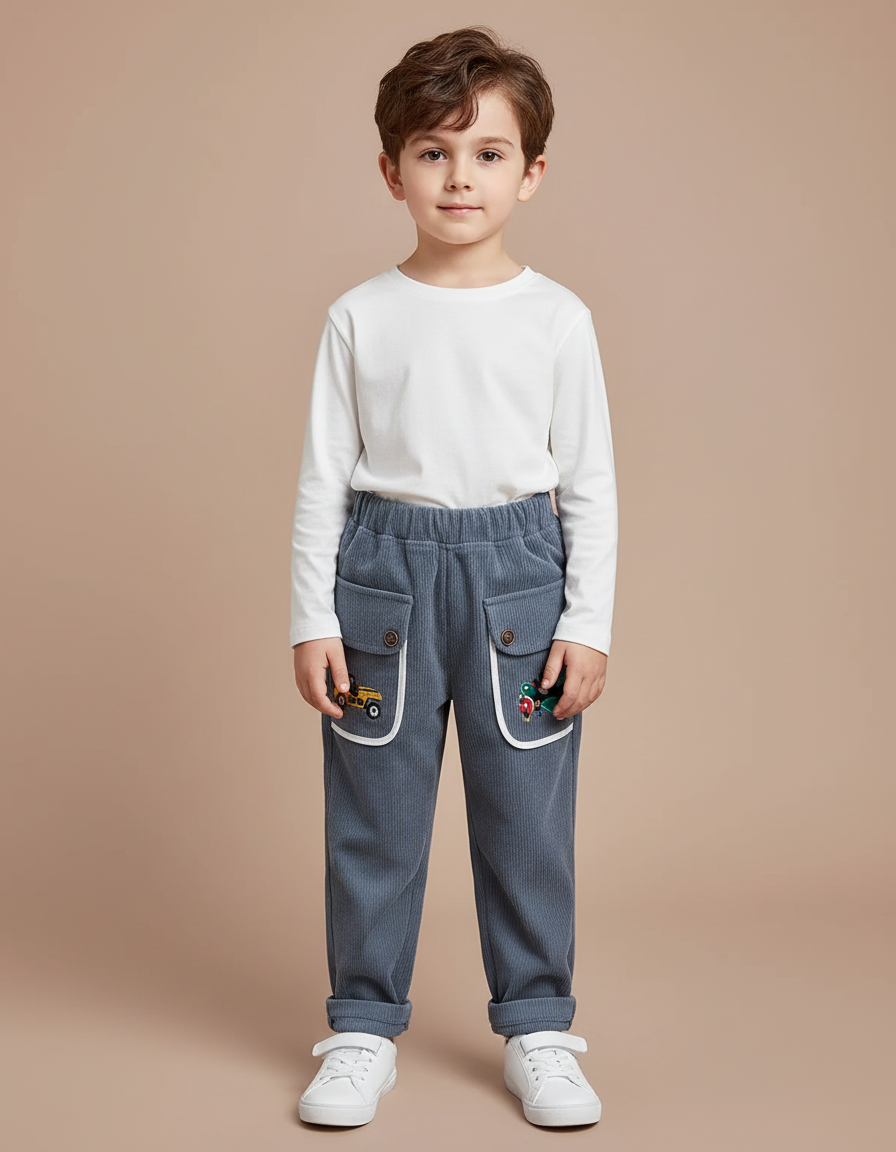 Pantalon Velours Côtelé Bleu Brodé Enfants Décontracté - Cordé