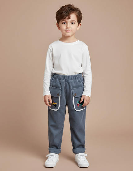 Pantalon Velours Côtelé Bleu Brodé Enfants Décontracté - Cordé