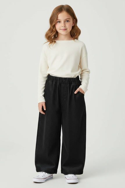 Pantalon Velours Noir Côtelé Ample Enfant Décontracté - Cordé
