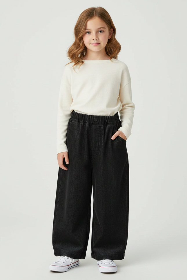 Pantalon Velours Noir Côtelé Ample Enfant Décontracté - Cordé